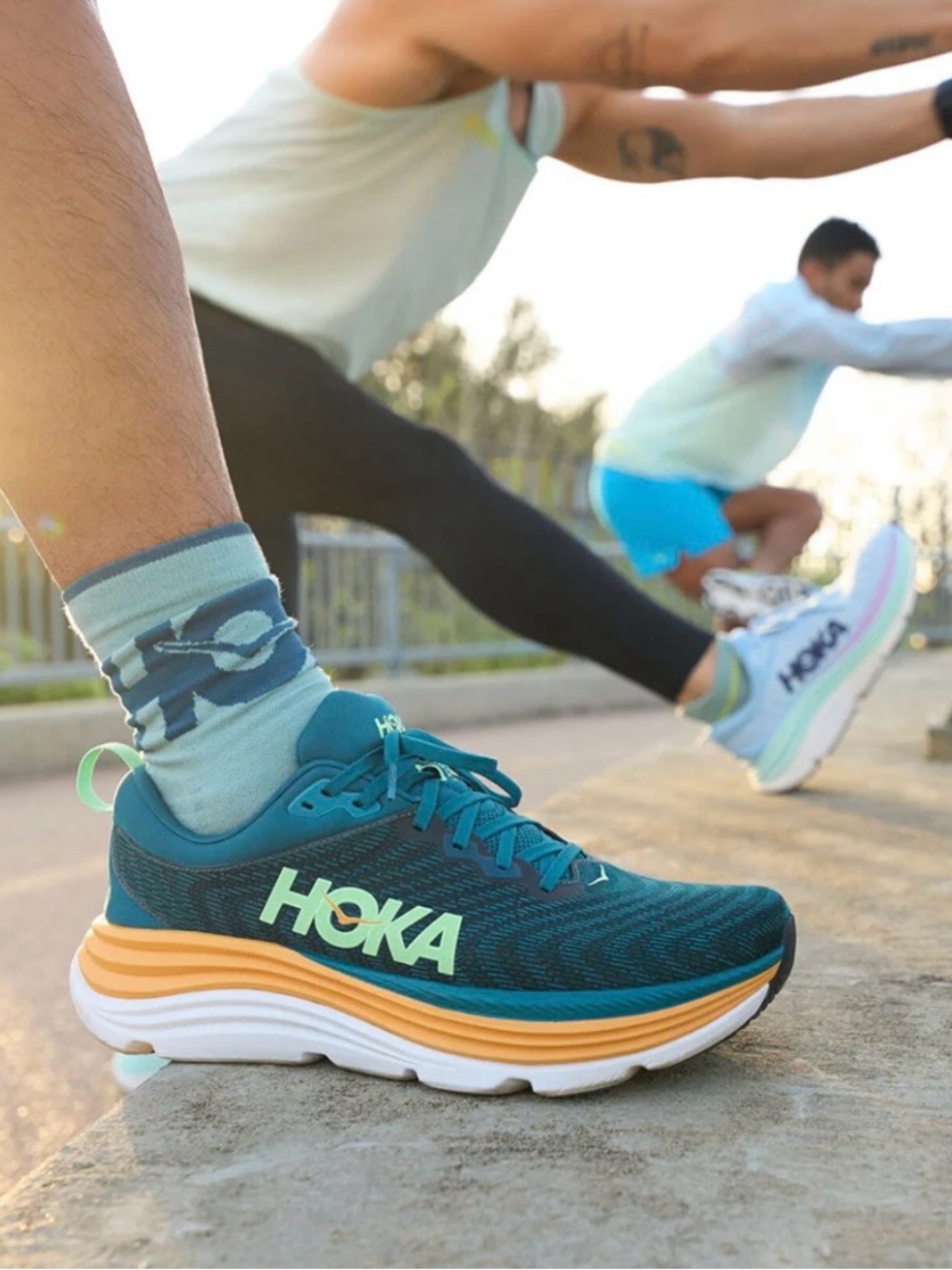 Hoka Teal and Yellow Running Sneakers